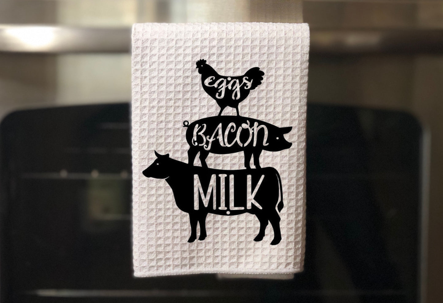 Chicken, pig, cow, eggs, bacon, milk - Towel!