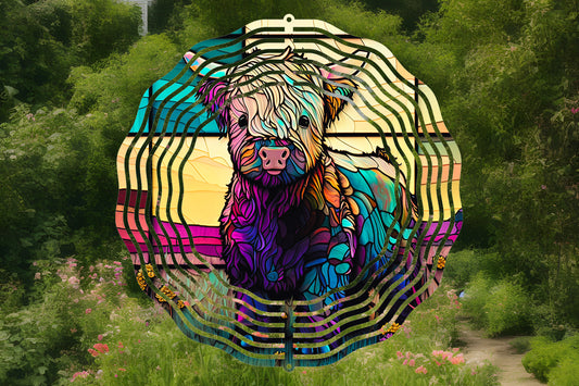 Stained Glass Highland Cow Wind Spinner