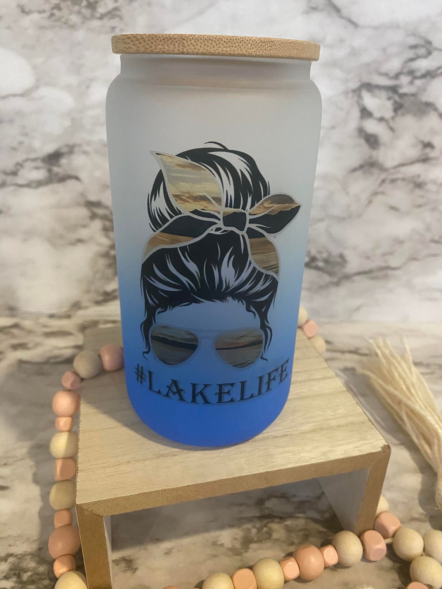 Lake Life messy bun - Blue Ombre' Frosted Glass Cup