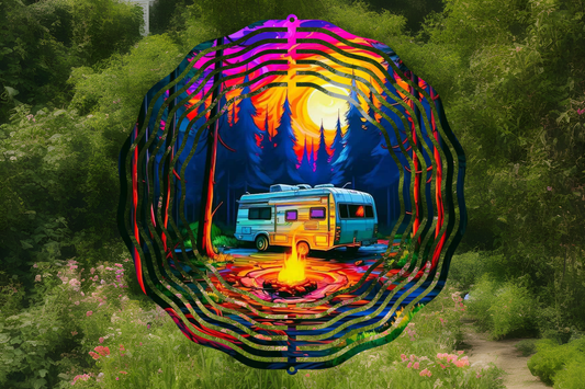 Camper with Colorful Sunset Wind Spinner