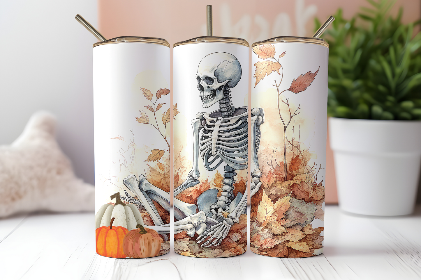 Fall skeleton with pumpkin and leaves! 20oz Tumbler