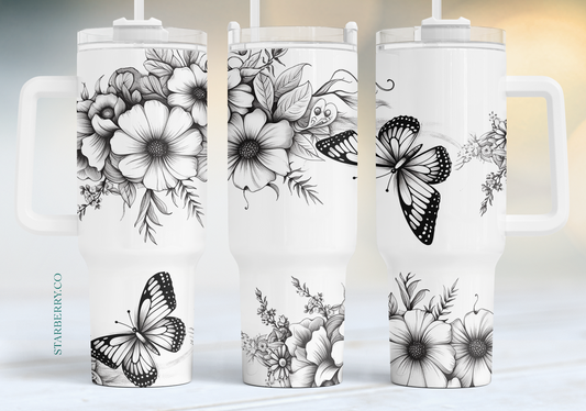 Black and white with flowers and butterflies