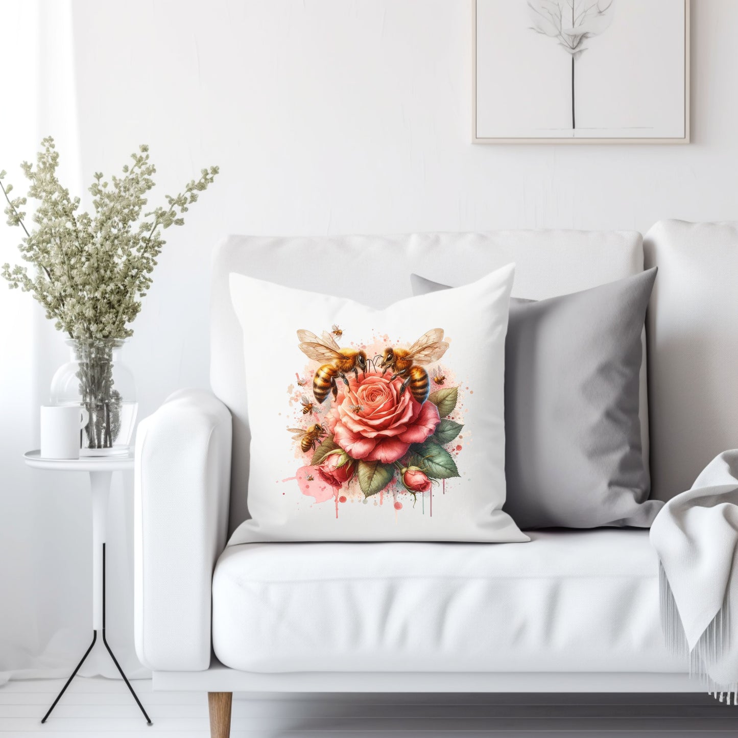 Bees and dripping rose - Throw Pillow Cover