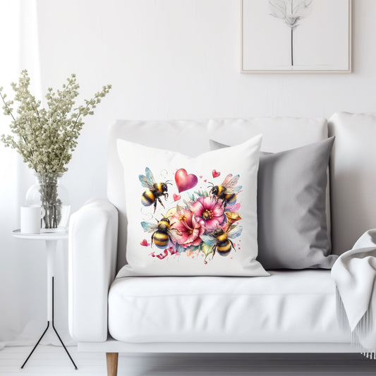 Bees, flowers and hearts - Throw Pillow Cover