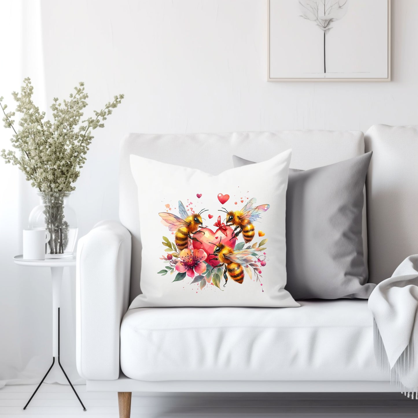 Bees, hearts and flowers - Throw Pillow Cover