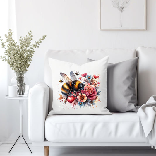 Big Bee, hearts and flowers - Throw Pillow Cover