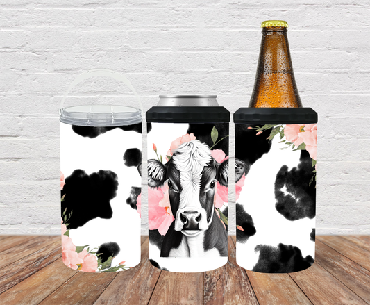 Cow with pink flowers - Can Cooler