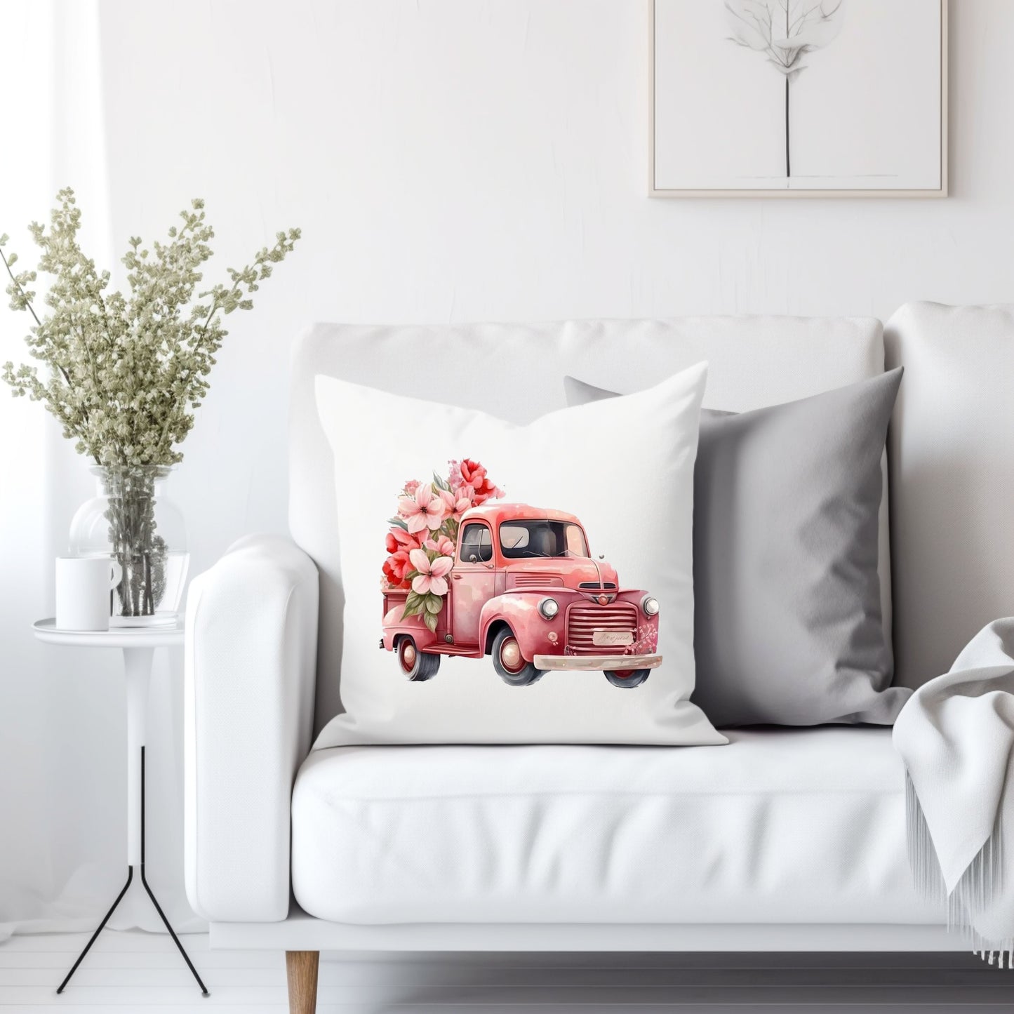 Pink truck with flowers - Throw Pillow Cover