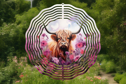 Highland Cow with Pink Flowers Wind Spinner