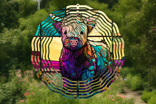 Stained Glass Highland Cow Wind Spinner