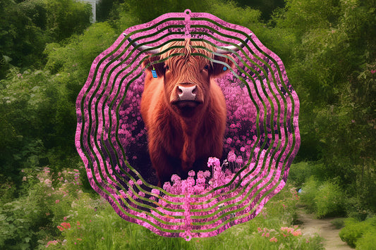 Highland Cow with Pink Flowers Wind Spinner