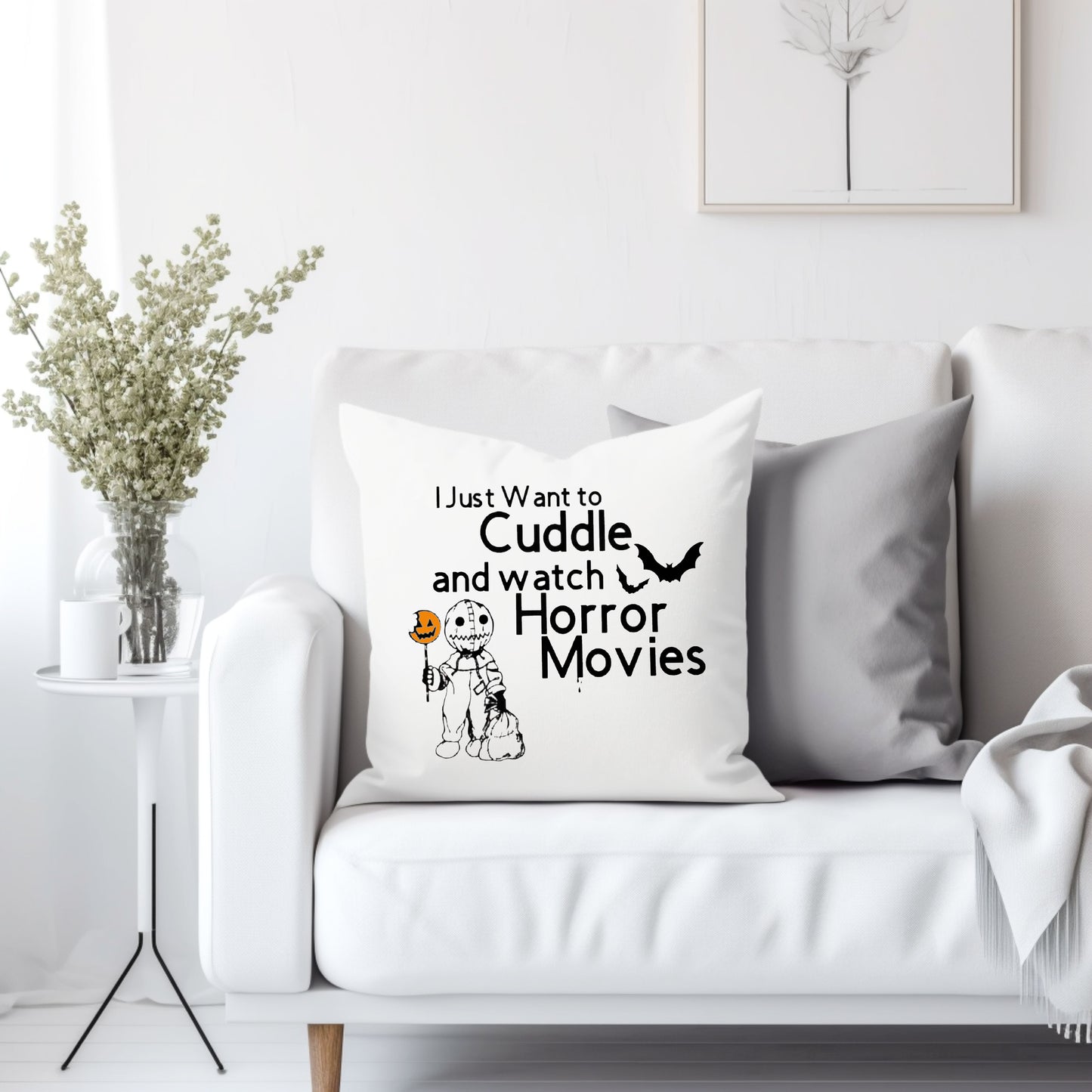 I just want to cuddle and watch horror movies cute - Throw Pillow Cover