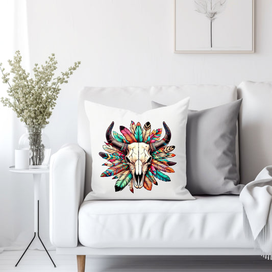 Cow skull with feathers - Throw Pillow Cover