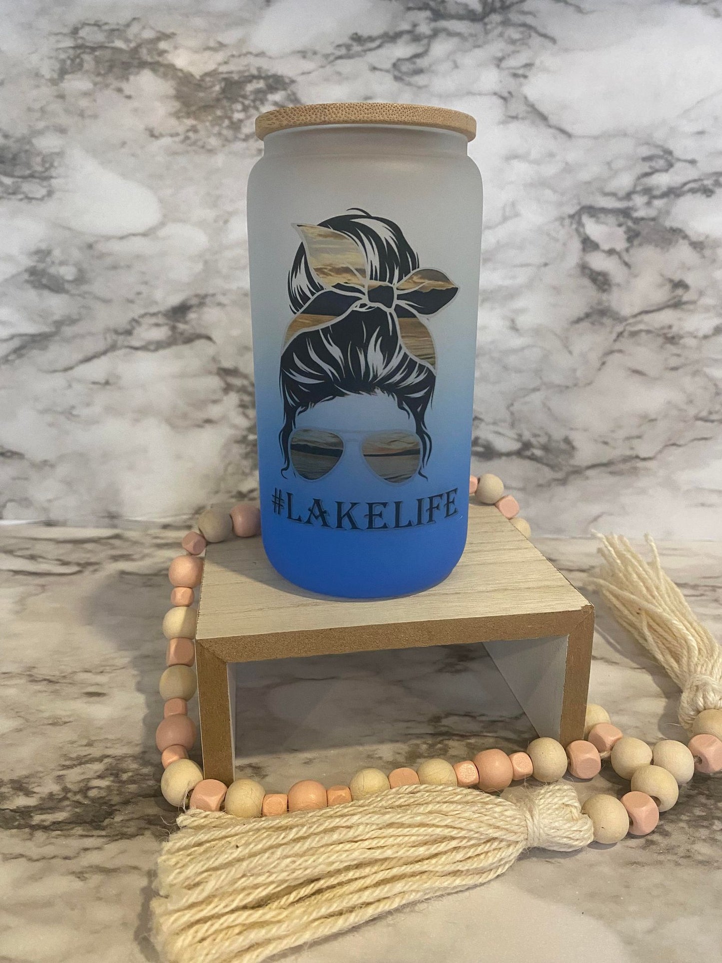 Lake Life messy bun - Blue Ombre' Frosted Glass Cup