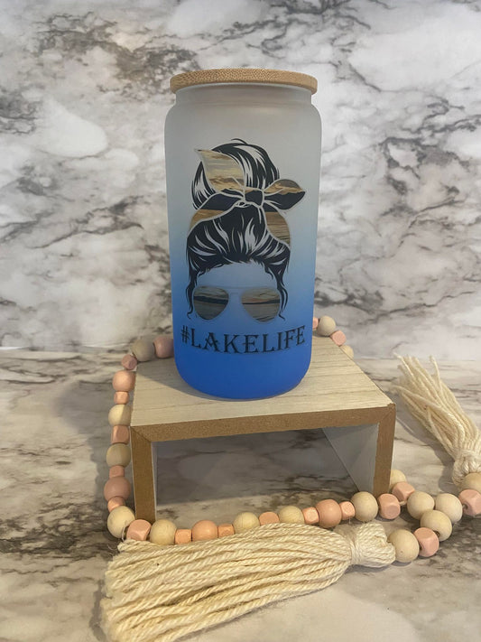Lake Life messy bun - Blue Ombre' Frosted Glass Cup