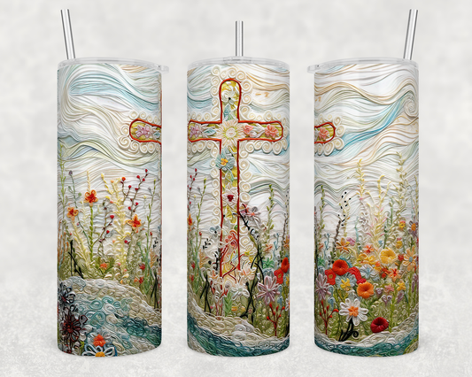 Embroidered Christian cross red flowers - Skinny Tumbler