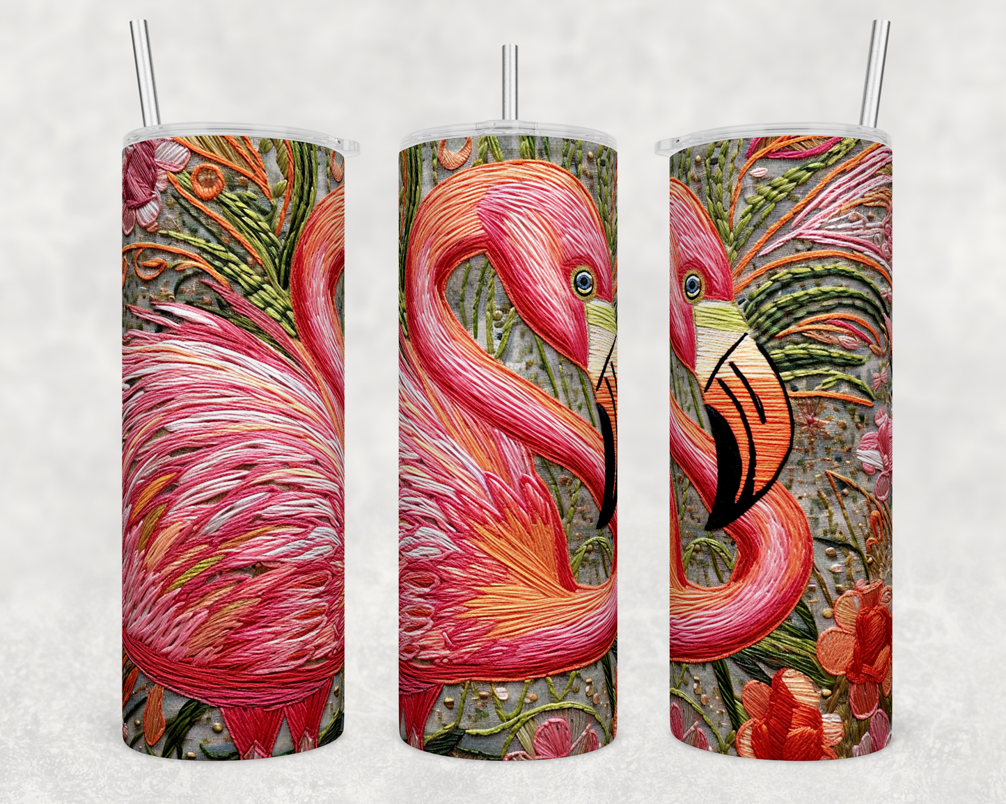 Embroidered Flamingo - Skinny Tumbler