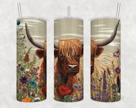 Embroidered Highland with flowers - Skinny Tumbler