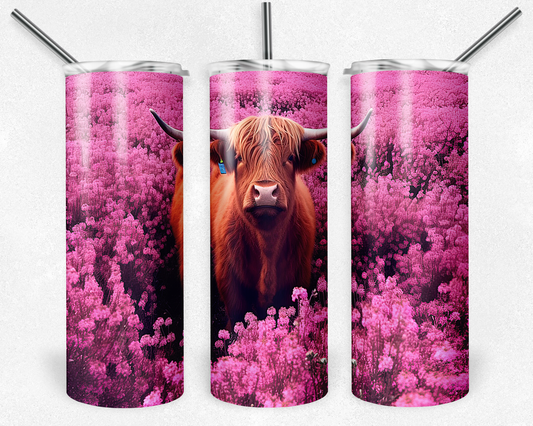 Highland in a field of pink/purple flowers - Skinny Tumbler